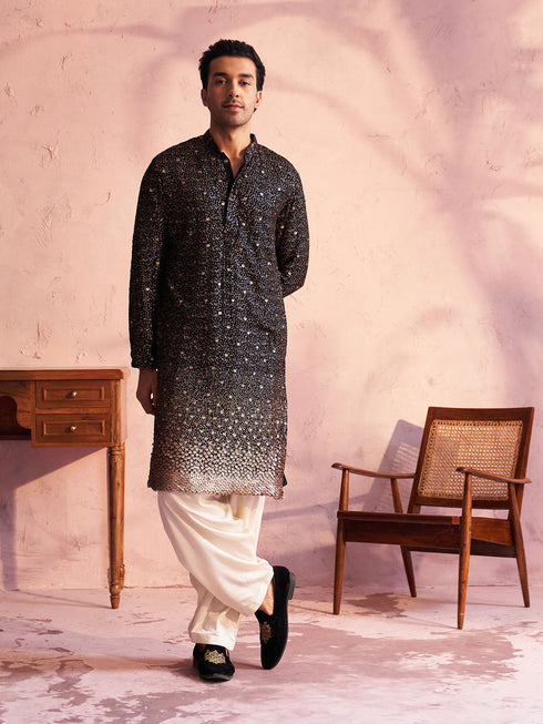 Men's Black Georgette Zari With Sequins Worked Kurta Patiala Set
